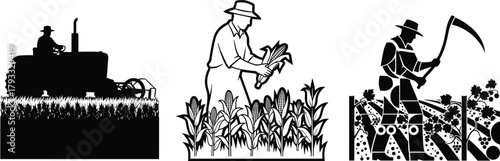 Agriculture silhouette vector, traditional farming scene, tractor, corn harvest, scythe, rural labor, crop field, black and white illustration