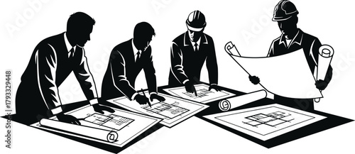 Architect engineer blueprint review, construction planning silhouette, teamwork concept, black vector illustration, building design, technical collaboration, project discussion, site strategy