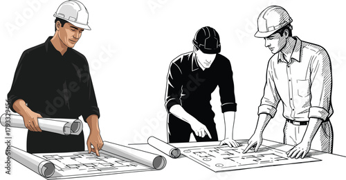 Architect team silhouette, blueprint review, construction planning, hard hat workers, black vector art, engineering collaboration, technical drawing concept, site analysis