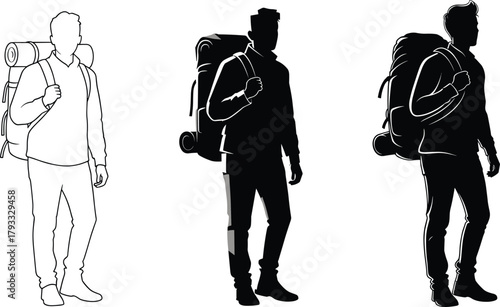 Backpacker silhouette, hiking pose, travel gear, outdoor adventure, line art, black vector, abstract style, standing figure, backpack, exploration