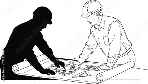 Architects and Engineers Silhouettes, Blueprint Collaboration, Hard Hat Professionals, Drawing Tools, Construction Planning, Technical Design, Table Work Scene, Precision Measurement