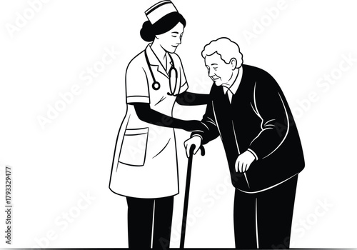 Caregiver helping elderly, senior support, walking aid, nurse assistance, aging care, mobility help, black silhouette, healthcare worker, cane, compassion