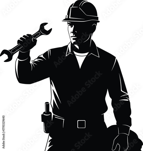 Construction worker silhouette, wrench in hand, tool belt gear, industrial labor, blue vector illustration, repair concept, engineering profession, maintenance pose