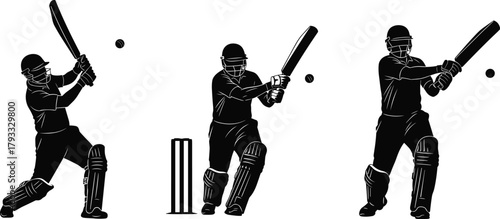 Cricket Silhouette Players, Batting Poses, Helmet Gear, Sports Action, Dynamic Stance, Wicket Scene, Abstract Motion, Professional Technique, Athletic Concept