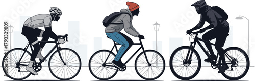 Cyclist silhouette illustration, road bike, commuter, mountain rider, urban background, helmet gear, biking posture, black vector art, active lifestyle