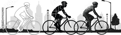 Cyclist Trio in City, Line Art, Geometric Silhouette, Realistic Style, Urban Biking Scene, Street Lamps, Skyline, Motion, Artistic Contrast