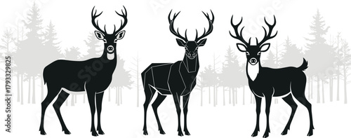 Deer Silhouette Trio, Forest Background, Polygonal Design, Realistic Style, Wildlife Illustration, Antler Animal, Nature Scene, Artistic Contrast, Black and White