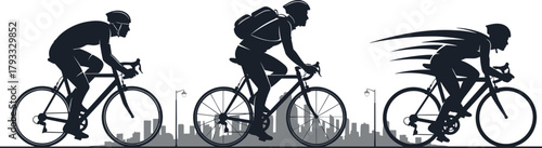 Cyclist Silhouettes in City, Racing Pose, Commuter with Backpack, Speed Motion, Urban Biking Scene, Road Bike Riders, Street Lamps, Skyline