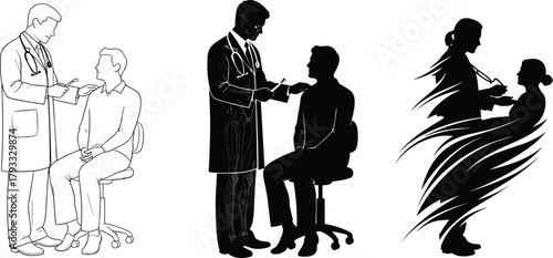 Doctor patient consultation silhouette, medical checkup pose, healthcare interaction, stethoscope illustration, vector art, clinical support, diagnosis moment, hospital scene