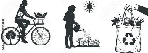 Eco lifestyle silhouette vector, sustainable living, gardening, cycling, reusable bag, nature care, healthy habits, black and white illustration