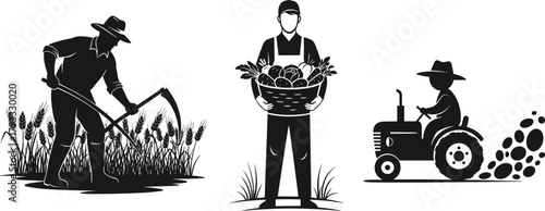 Farming silhouette illustration, manual harvest, vegetable basket, tractor scene, black vector art, agricultural labor, rural lifestyle, field work concept