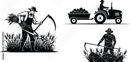 Farming silhouette, traditional harvest, tractor with trailer, wheat cutting, agriculture worker, rural labor, scythe, modern farm, black vector, abstract farmer