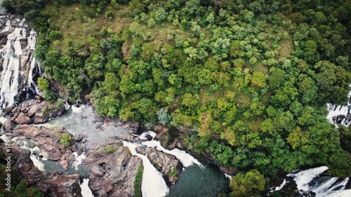 Aerial view of the majestic Shivanasamudra Waterfall, a cluster of cascading falls on the Kaveri River in the Mandya district of Karnataka, India.