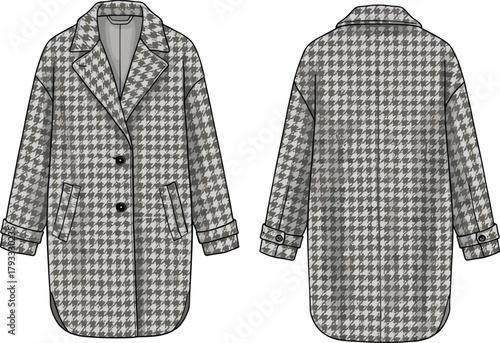 Houndstooth overcoat illustration, fashion sketch, technical drawing, double-breasted coat, front and back view, garment design, apparel template, winter wear