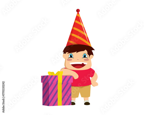 Boy Celebrates Birthday with Gift and Wearing Birthday Party Hat
