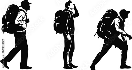 Hiking silhouette vector, backpack traveler, outdoor adventure, walking pose, nature exploration, camping gear, black and white illustration, journey concept