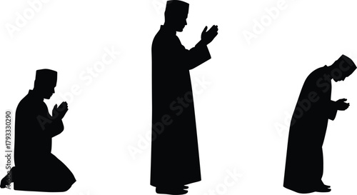Islamic prayer silhouette, Muslim worship poses, traditional garment, spiritual gesture, black vector art, religious devotion, salah position, abstract illustration