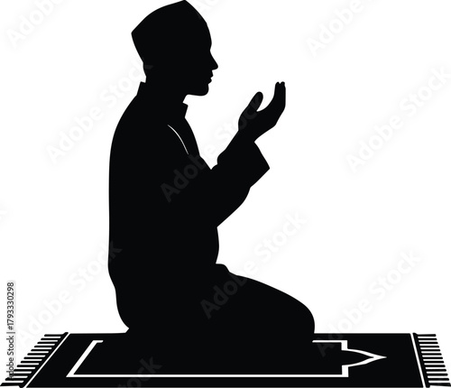 Islamic Prayer Silhouette, Man on Mat, Supplication Pose, Traditional Attire, Religious Gesture, Spiritual Moment, Muslim Worship, Cultural Faith, Black Figure