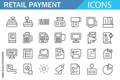 Retail payment outline icon set in clean editable stroke style featuring cash registers, barcode scanners, POS terminals, receipts, monitors, reports, price tags, and financial elements for commerce a