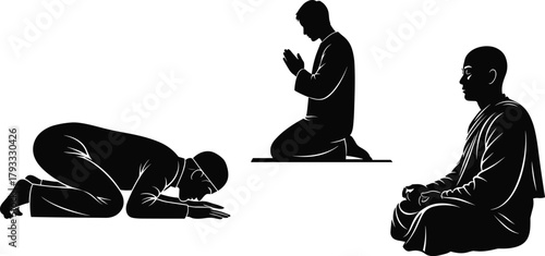 Religious prayer silhouette, Islamic, Christian, Buddhist posture, spiritual meditation, cultural worship, black vector illustration, faith expression, sacred ritual, devotion concept