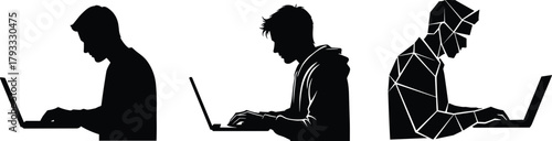 Silhouette of people working on laptops, digital workspace concept, polygonal abstract style, hoodie figure, modern tech illustration, vector art