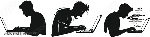 Silhouette laptop user, emotional coding states, frustration, focus, calm posture, developer mindset, black vector illustration, programming concept, tech emotion art