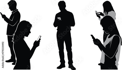 Smartphone user silhouettes, mobile addiction, digital isolation, black vector art, modern tech behavior, abstract pose, social disconnection, screen-focused lifestyle