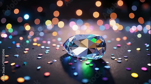 Diamond on sparks: sparkling crystal, bokeh and confetti in the rays of light