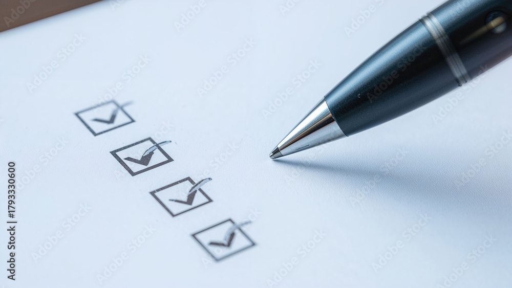 Fototapeta premium A pen marking checkboxes on a form or survey.