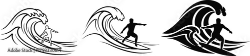Surfing silhouette vector, wave rider pose, ocean sport, beach activity, dynamic motion, black and white illustration, surfboard, water splash