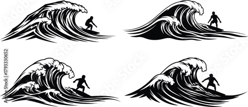 Surfing wave silhouettes, dynamic ocean swell, surfboard rider action, black vector art, frothy crest curves, extreme sport, coastal lifestyle illustration