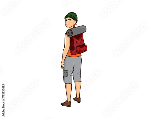 Chill Hiker Back View with Smiling Gesture Illustration