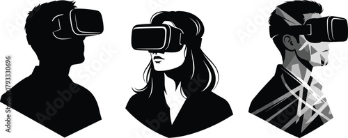 Virtual Reality Headset Silhouettes, Tech Users, Abstract Style, Geometric Overlay, Artistic Identity, Digital Concept, VR Experience, Futuristic Design, Long Hair Figure