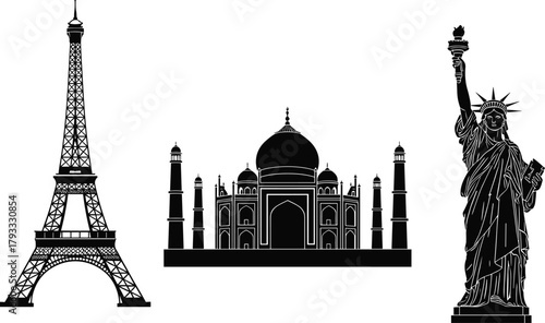 World landmark silhouette, Eiffel Tower, Taj Mahal, Statue of Liberty, cultural heritage, black vector illustration, global architecture, travel icon art