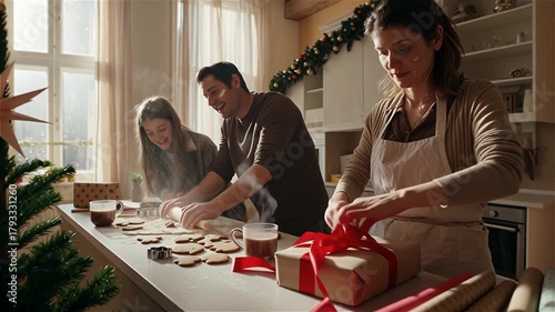Homemade Christmas miracle: a boy decorates a Christmas tree with a paper star in a cozy kitchen