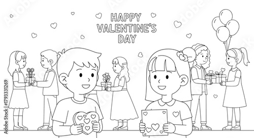 Children Exchanging Gifts on Happy Valentine's Day, Coloring Book Illustration