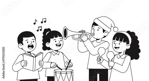 Children Performing Christmas Carols with Instruments, Coloring Book Illustration