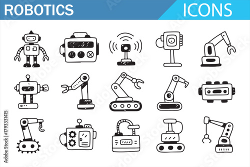 Vector Set of Robotic Arm Icons, Robot Character, and Industrial Control Panels