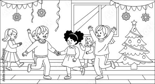 Diverse Children Running Happily at a Christmas Party, Coloring Book Illustration