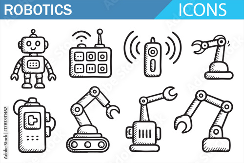Mechanical Engineering and Robot Equipment Icons in Minimal Outline Style