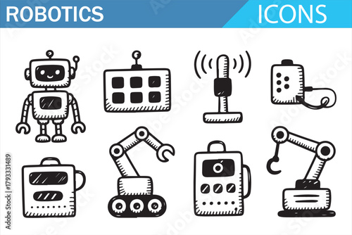 Set of Industrial Automation Icons Showing Robotic Arms and Machine Interfaces
