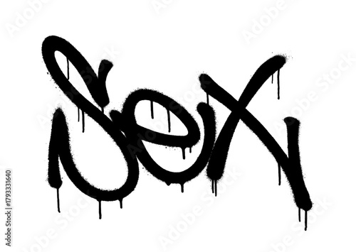 Sex graffiti word in bold black spray dripping style on white background.