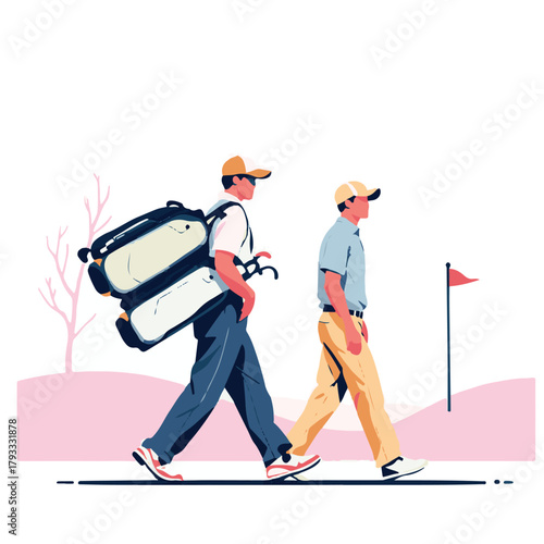 Golfer with caddie walking on golf course vector illustration