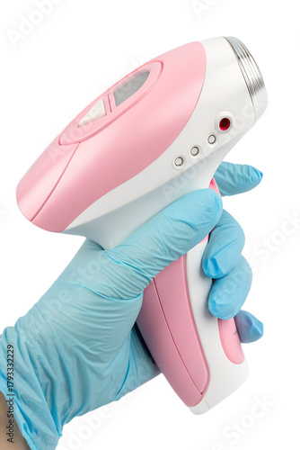 Pink and white ipl hair removal device held securely in gloved hand, symbolizing safe, professional-grade aesthetic technology for personal use
