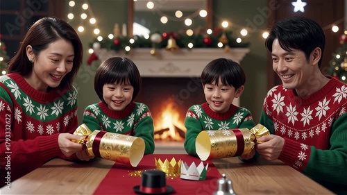 Family Christmas cracker: smiles, sweaters with snowflakes and a fireplace fire at the festive table​

