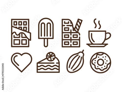 A collection of simplified icons representing various sweet food items, including chocolate and dessert.