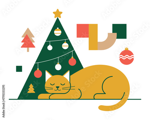 A ginger cat sleeps peacefully next to a decorated Christmas tree.