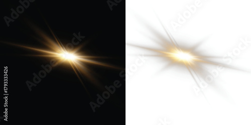 Bright yellow light effect with rays and highlights for vector illustration.
