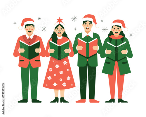 A group of four people in festive Christmas attire sing carols while holding songbooks.