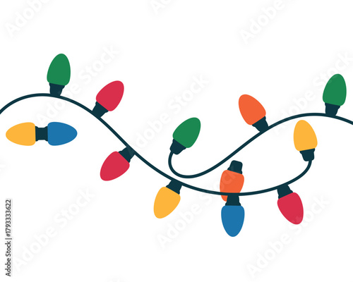 A string of colorful Christmas lights winds across a white background.